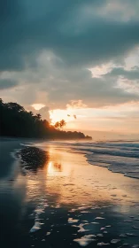 Golden hour seascape with reflective shoreline and clouds.