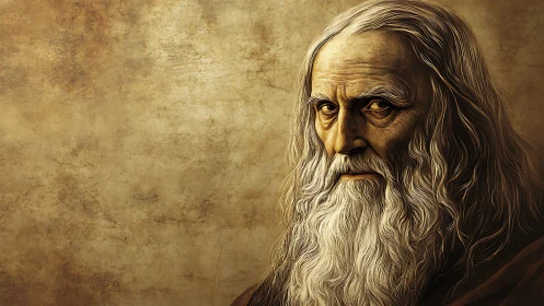 Elderly sage portrait in sepia with textured background.