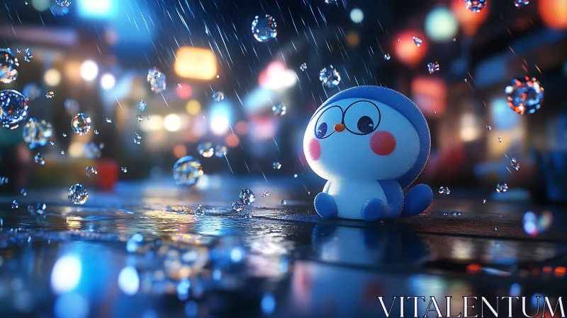 Cute blue toy penguin in night rain on city street.