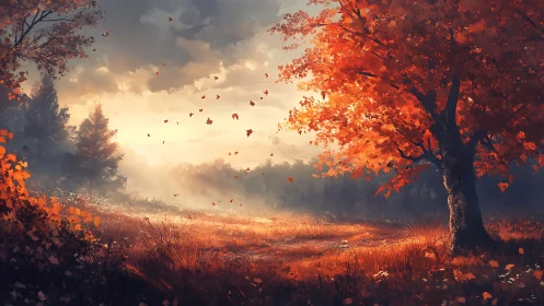 Autumn maple dominates misty meadow under warm sunrise light