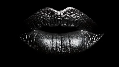 Metallic silver lips isolated on deep black background.