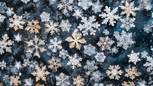 Golden and frosted snowflakes scattered on dark ice surface.