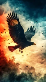 Eagle silhouette soaring over fiery twilight forest sky.