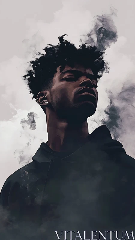 Moody portrait with rising smoke and desaturated palette.