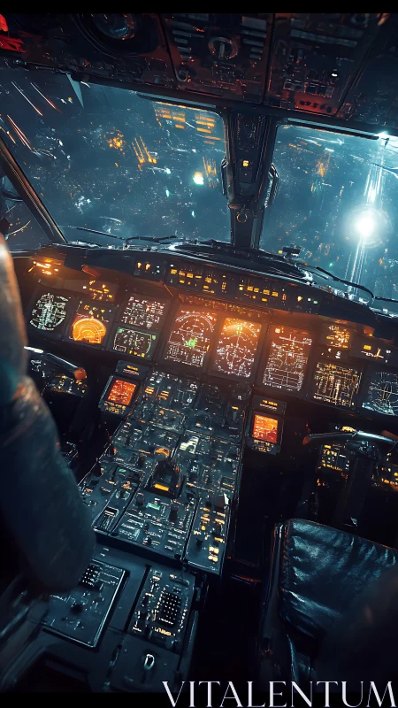 Cyberpunk starship cockpit with illuminated avionics arrays