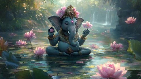 Serene elephant deity meditates amid luminous lotus pond