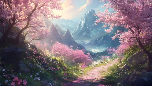 Enchanted cherry blossom valley opens to misty blue peaks.