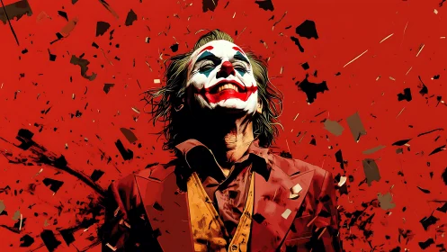 Wild crimson chaos around a grinning painted trickster.