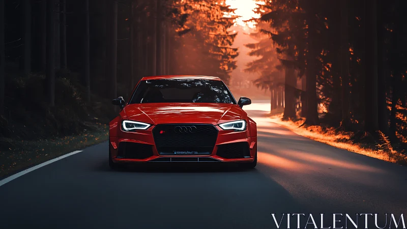 Red sports sedan is positioned centrally on a forest road
