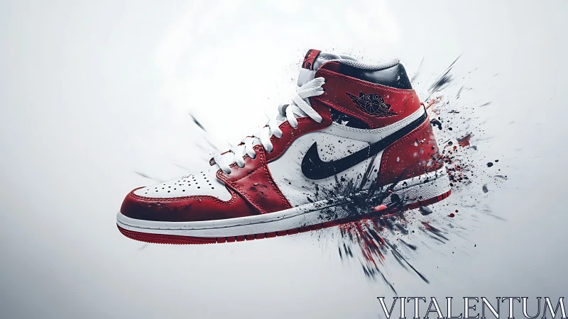Red and white high-top sneaker with dynamic paint burst.