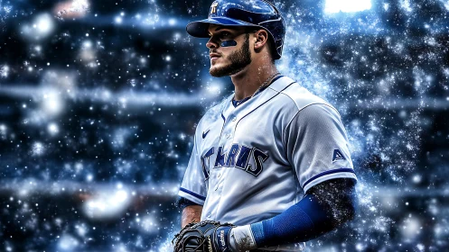 Right-handed baseball player in blue uniform amid particle glow