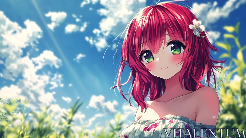Summer-sky daydream girl with crimson hair and shy sunlight.