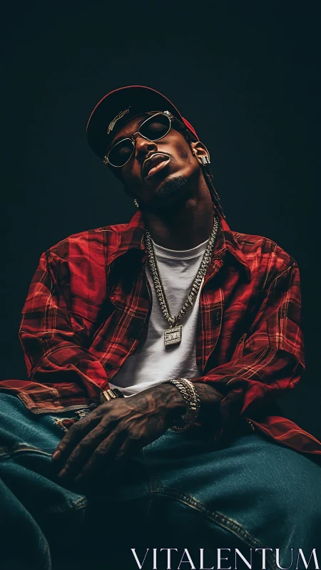 Male subject in streetwear with jewelry against dark backdrop.