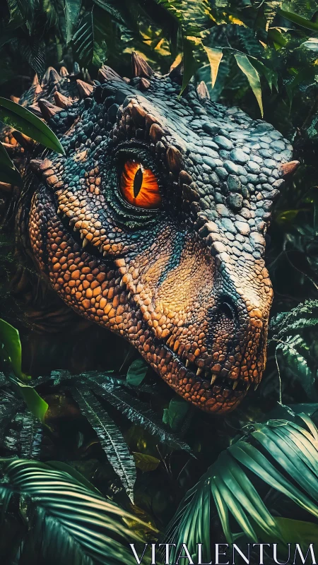 Hyperreal raptor head emerging from dense tropical foliage