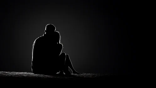 Silhouetted figures in intimate moment against dark background.