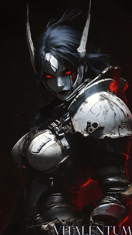 Armored humanoid figure with red eyes in dark setting.