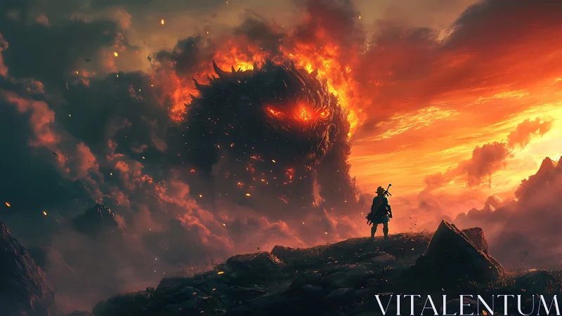 Lone wanderer greets a fiery sky beast at dusk&rsquo;s edge.