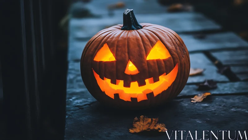 Glowing jack o lantern on dark wooden outdoor path.