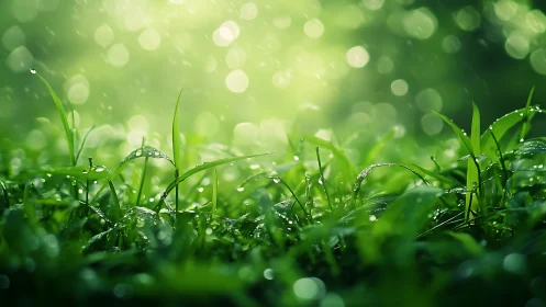 Macro dew-covered grass with luminous green bokeh background