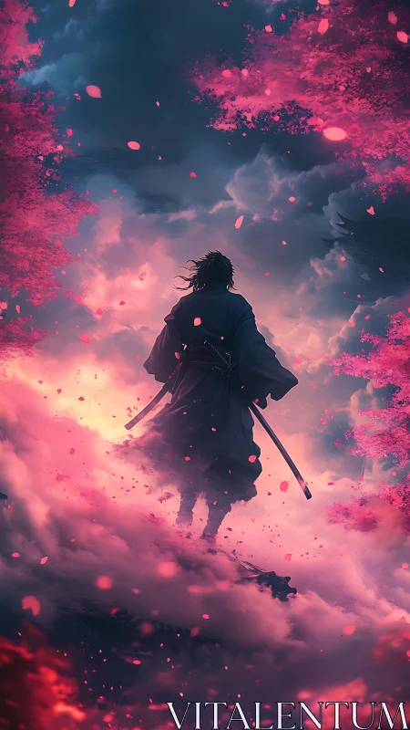 Backlit lone samurai silhouette framed by luminous sakura clouds
