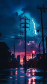 Neon storm over empty city street captures electric drama.