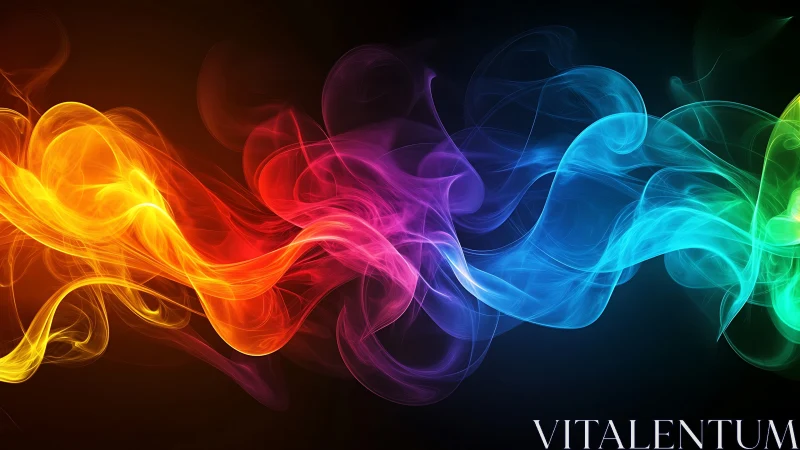Multicolored luminous smoke waves on dark gradient background.