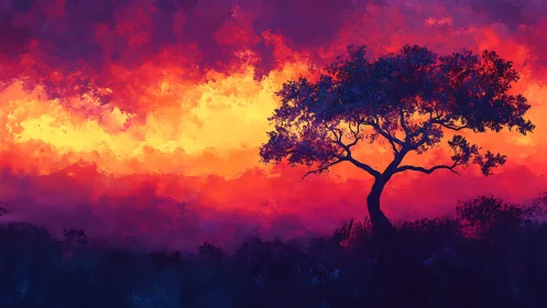 Silhouetted tree against luminous magenta-orange skyscape.