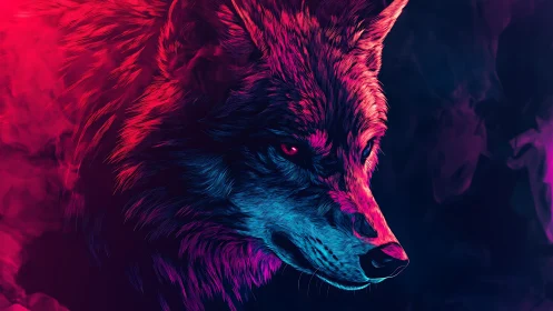 Neon wolf portrait glows under dual magenta cyan light.