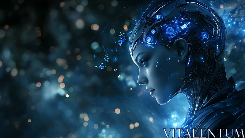 Starlit cybernetic mind gazes calmly into the blue unknown