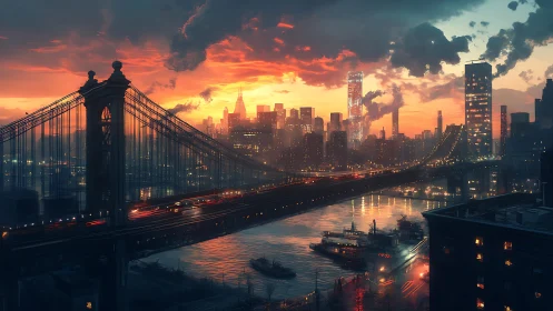 Urban suspension bridge and river at dusk with city skyline.