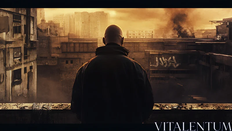 Solitary figure on balcony facing decayed urban skyline.