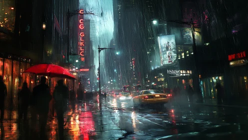 Neon city rainstorm with lone red umbrella in motion.