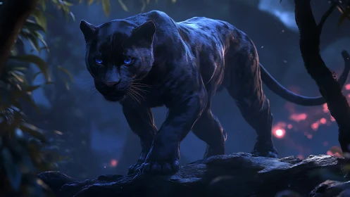 Black panther with glowing blue eyes stands on rocky terrain in dark forest