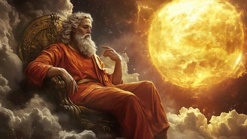 Elderly robed figure seated on ornate throne near bright sun.