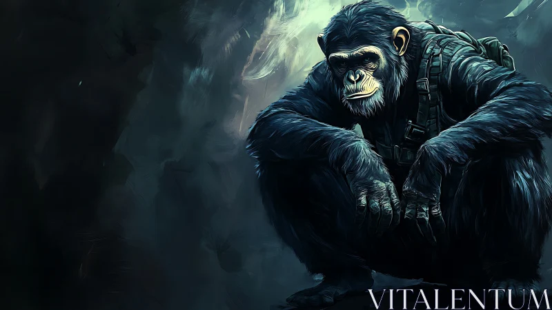 Brooding tactical chimp commander in stormy teal gloom.