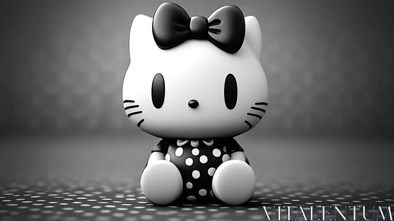 Monochrome chibi cat figurine with glossy 3D polka-dot dress shading