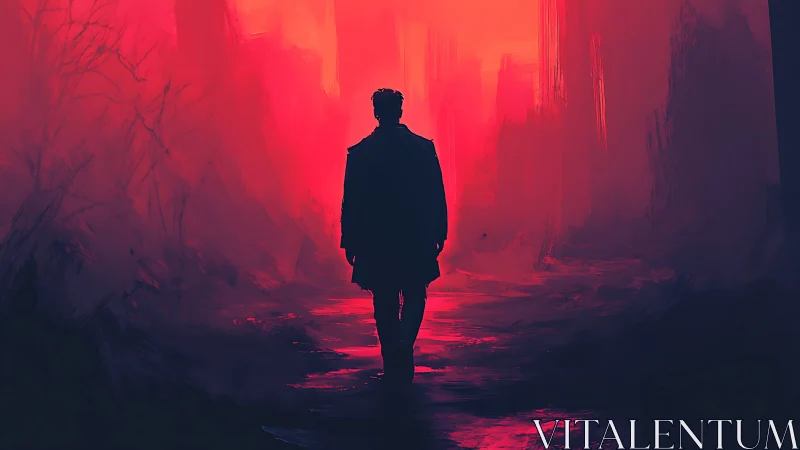 Solitary figure walks through neon crimson misted alley