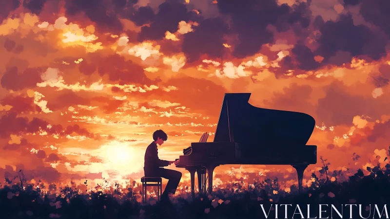 Sunset pianist performs beneath glowing, painterly skies.