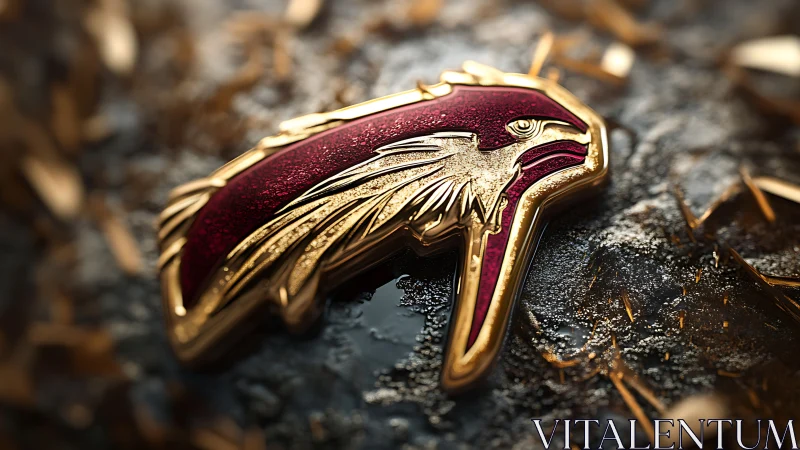 3D metallic raptor emblem on textured, high-gloss surface.