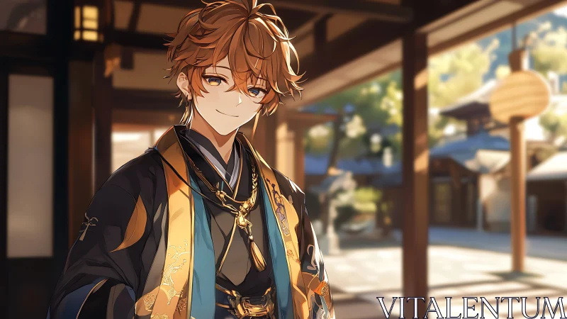 Warm-lit anime youth in ornate kimono within shallow depth courtyard