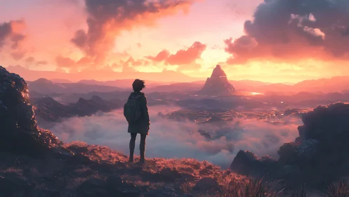 Lone traveler overlooking glowing valley at sunrise.