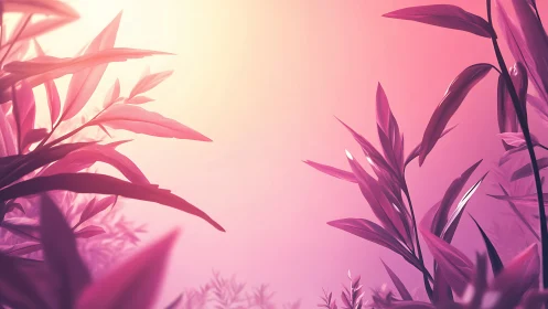 Pink foliage silhouettes against glowing sunrise sky.