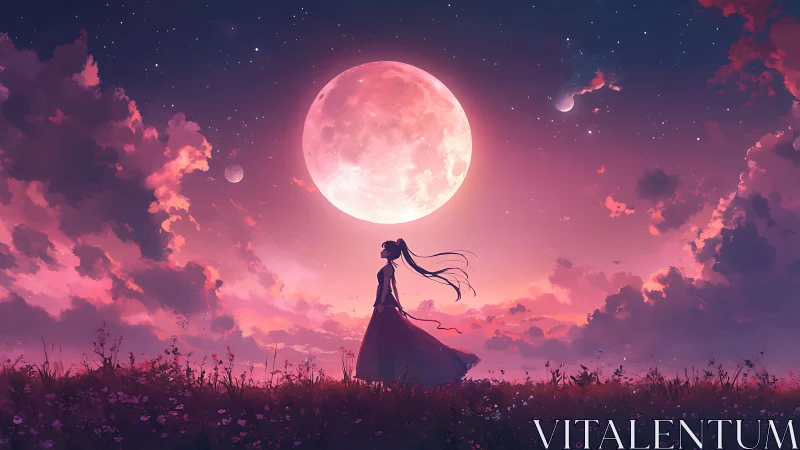 Moonlit anime silhouette beneath radiant cosmic sky.