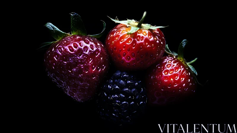 Strawberries and blackberry sit under hard low key lighting