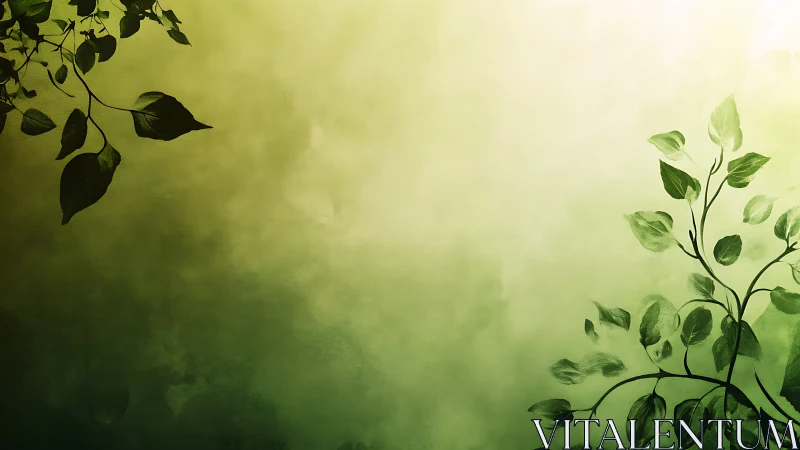 Green foliage silhouettes against soft gradient background.