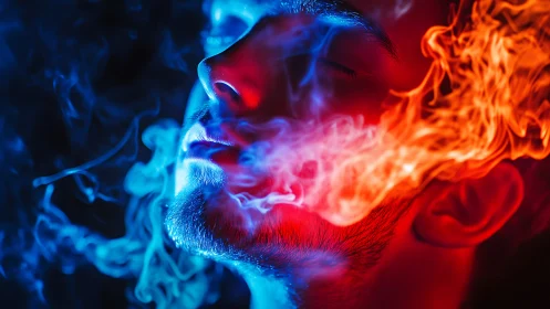 Man&rsquo;s face lit by blue and red light with swirling smoke