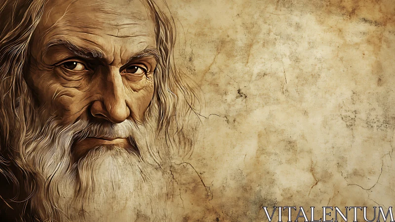 Weathered wizard’s gaze carved into ancient parchment light.