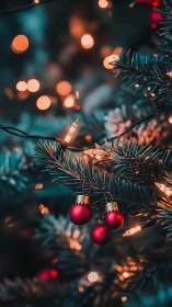 Red Christmas baubles on fir branch with warm bokeh lights.