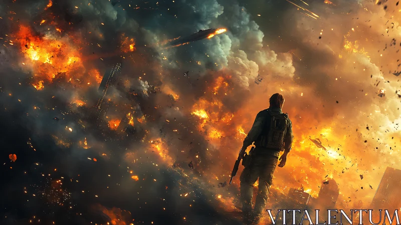 Soldier in Urban Combat Zone with Explosive Destruction