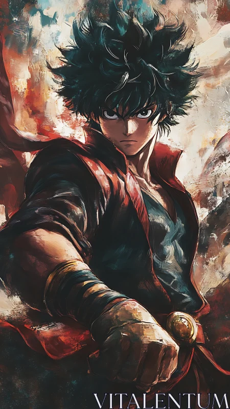 Battle-ready anime fighter stands amid storm of brushstrokes.